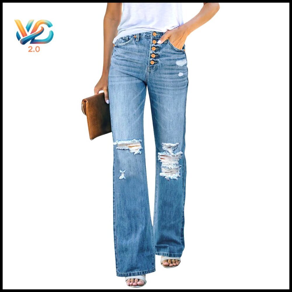 High Waisted Ripped Flare Jeans Distressed Bell Bottoms Wide Leg Retro